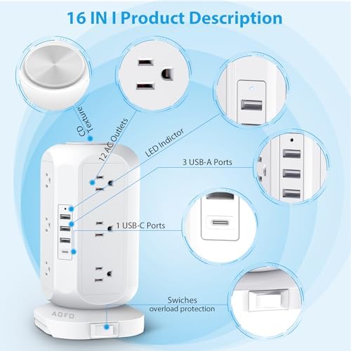Revolutionize Your Charging Experience with the AOFO Power Strip Tower: 12 AC Outlets & 4 USB Ports (1 USB-C) Surge Protector with 10 Ft Extension Cord, Overload Protection, and Bulky Plug Compatibility for Home, Office, and Dorm Efficiency.