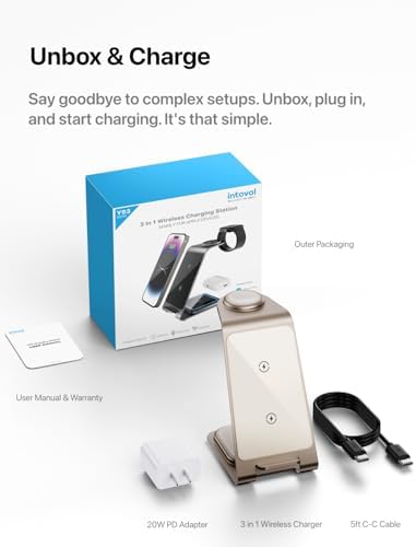 Intoval 3-in-1 Wireless Charging Station: Sleek Fast Charger for i Phone 16/15/14/13/12/11/X Pro Max, Apple Watch 10 Ultra/3 SE/9/8/7/6/5/4/3/2, and Air Pods Pro/4/Pro 2/3 – Ultimate Compatibility and Efficient Power Management in Stylish Silver Finish