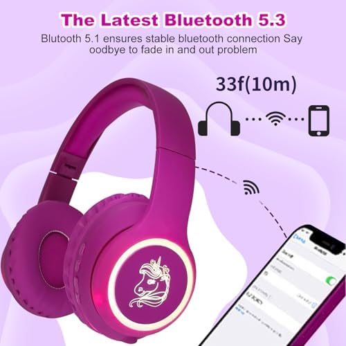 Charming Cat Ear Kids Bluetooth Headphones – Stylish Wireless On-Ear Design with Volume Limiter & LED Lights for Safe Listening – Compatible with Amazon Fire Tablets, Laptops, and More (Vibrant Pink) – Ideal for Toddlers and Young Music Lovers!