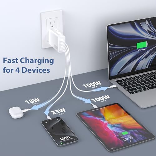 Ultimate 100 W Ga N USB-C Charger Block – 4-Port Fast Charging Power Adapter for Mac Book Pro/Air, i Phone 16/15/14/13/12 Pro Max, Lenovo, HP, Dell, Asus, Acer, Galaxy S24/S23/S22 – Efficient Multi-Device Charging Solution for Home, Office, and Travel