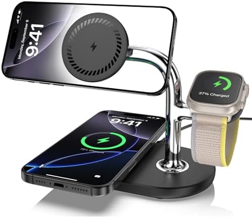 Ultimate 3-in-1 Mag Safe Dual Wireless Charging Station for i Phone 16/15/14/13/12, Air Pods Pro 2, and Apple Watch Series 10/9/8/7 – Fast & Efficient Charging Solution with Clutter-Free Design and LED Status Indicators for Seamless Device Power-Up
