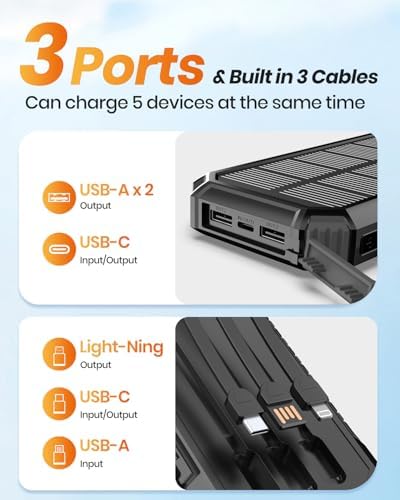 FEELLE 27000 m Ah Solar Power Bank: Ultimate Fast Charging Outdoor Charger with Dual Built-in Cables & LED Flashlights for Camping & Hiking – All-Device Compatibility & Solar-Powered Convenience