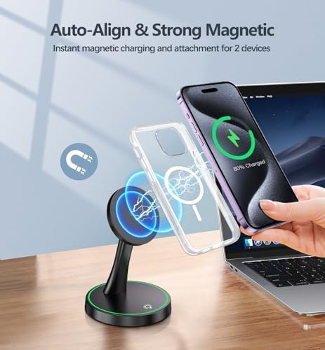 Efficient Magnetic Wireless Charging Stand – 15 W Fast Mag Safe Charger for i Phone 16 Series & Earlier, Sleep-Friendly Indicator Light, Sleek Design, Enhanced Compatibility & Quick Charge for Air Pods – Ultimate Cordless Convenience