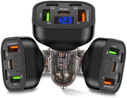 5-Port PD30 W Quick Charge USB-C Car Charger with LED Voltage Display – Ultimate Multi-Device Charging Solution for i Phone 16/15/14/13/12/11 Pro Max Plus & Samsung Galaxy S24/S23 – Fast & Efficient Cigarette Lighter Adapter for On-the-Go Power