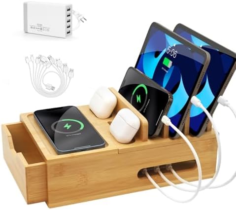 Eco-Friendly Bamboo Charging Station: Multi-Device Docking Organizer with Drawer & Tray, Includes 6 Cables & 5-Port USB Charger for Enhanced Device Compatibility and Fast Charging Solutions, Perfect for Home or Office Use
