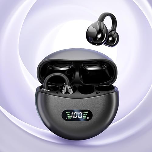 Innovative Open Ear Clip Bluetooth 5.4 Sports Earbuds – Waterproof Wireless Headphones with LED Battery Indicator & Portable Charging Case for Active Lifestyles – Perfect for Running, Cycling, and Fitness in Eye-Catching Purple