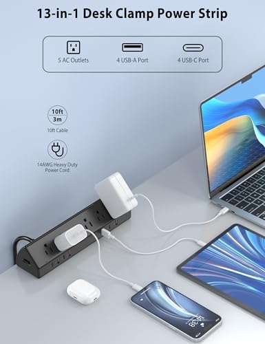 Ultimate Desk Clamp Power Strip with 65 W Fast Charging Hub – 4 PD USB-C Ports & 5 AC Outlets, Space-Saving Nightstand Edge Mount Surge Protector, 15 Amp Heavy-Duty Design for Tablets & Laptops, Fits 1.96″ Tabletop, 6 FT Cable for Extended Reach – Efficient Power Management for Modern Workspaces