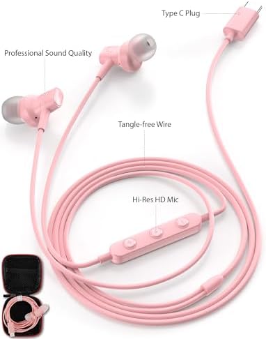 Stylish Pink USB C Earbuds for i Phone 16 Series – Ultra-Lightweight Noise-Isolating Headphones with Built-In Microphone – Perfect for Girls, Women, and Kids – Magnetic Type C Compatibility for i Pad Pro, Samsung, Google Devices – Travel-Friendly Earphones Delivering Exceptional Sound Quality and All-Day Comfort – Your Go-To Accessory for Effortless Connectivity and Vibrant Audio Experience