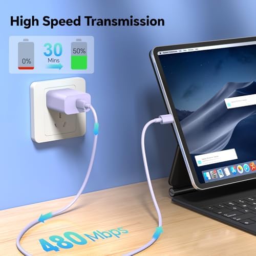 Premium 10 FT Fast Charging Type C Charger Set – 20 W USB C Cable Trio for i Phone 15/16 Pro/Max/Plus & i Pad Pro – Vibrant Blue, Yellow, Purple – Universal Compatibility & Rapid Power Delivery for On-the-Go Charging Solutions