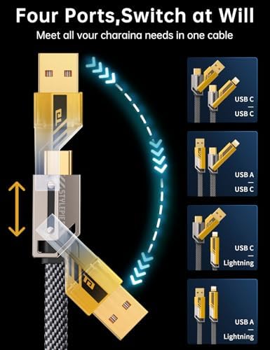 SHEZI 4-in-1 USB C Charging Cable – 60 W Fast Charge & 480 Mbps Data Transfer, 5 FT Yellow Nylon Braided Cord for i Phone, i Pad & More – Ultimate Versatility & Durability for Home, Office, and Travel