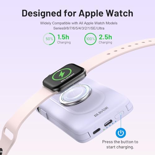 Magnetic Wireless Power Bank for Apple Devices – BLAVOR 10,000 m Ah Portable Charger with Built-in Cables and 20 W Fast Charging, Seamless Compatibility for i Phone 16/15/14/13/12 and Apple Watch, Integrated Stand for Hands-Free Use, Sleek White Design – Ultimate Convenience for On-the-Go Charging