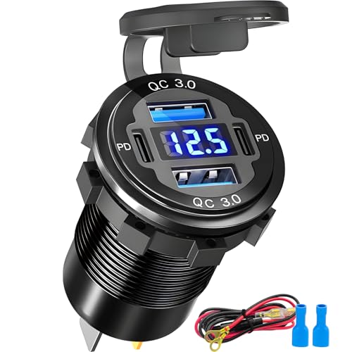 High-Speed 12 Volt USB Charger – 4-Port Aluminum Alloy Outlet with LED Voltmeter, Dual PD3.0 & QC3.0 for Ultimate Compatibility in Cars, RVs, Boats, Golf Carts, and More – Reliable Charging Solution for Adventure Seekers