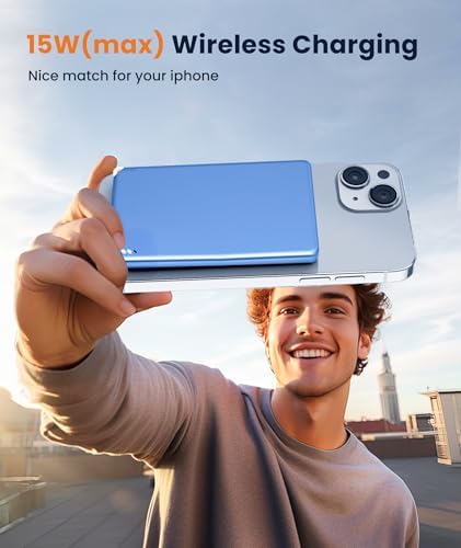 Ultra-Compact Blue Magnetic Wireless Power Bank for i Phone 12-16 Pro Max – 5000 m Ah Fast-Charging Battery Pack with Seamless Attachment for On-the-Go Convenience and Enhanced Compatibility – Essential Travel Accessory for Effortless Energy Backup
