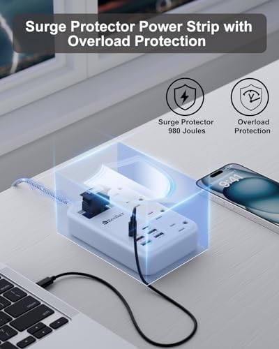 International Travel Power Adapter with 6 USB Ports and 4 AC Outlets – Versatile Plug Converter for European Destinations Including UK, France, Italy, and Germany – Compact 3 ft Extension Cord with Surge Protection for Enhanced Device Safety and Charging Efficiency