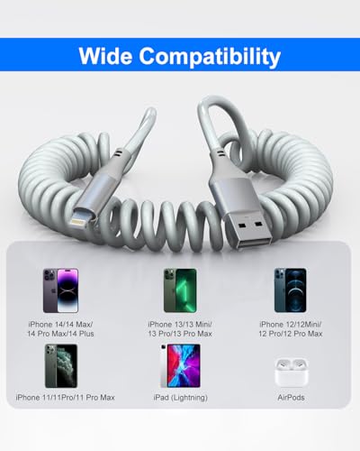 Revolutionary Coiled USB-C to Lightning Charging Cable – MFi Certified for Apple Carplay Compatibility, Fast Data Transfer, and Retractable Design for i Phone, i Pad, and i Pod – Optimal Flexibility and LED Charging Indicator for Ultimate Convenience