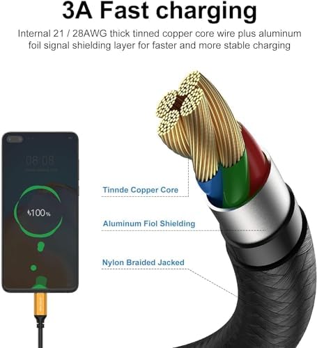 Premium 10 FT Braided USB Type-C Cable 5-Pack – High-Speed 3 A Fast Charging for Samsung Galaxy S10/S9/S8 Plus, Note 10/9/8, LG V50/V40/G8/G7 – Durable and Flexible Charge & Data Transfer Solution – Essential Accessory for Home, Office, and Travel