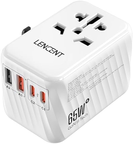 LENCENT 85 W Universal Travel Adapter with Retractable USB-C Cable – High-Speed International Plug Converter Featuring 3 Type-C & 1 USB-A Ports for Effortless Worldwide Charging – Your Ultimate Travel Essential for Maximum Compatibility, Fast Charging, and Ga N Technology Efficiency