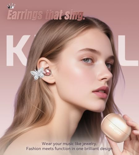 Stylish King Lucky Bluetooth 5.4 Clip-On Earbuds with Chic Detachable Butterfly Earrings – Waterproof Open Ear Design for Ultimate Comfort, 50-Hour Playtime Perfect for Festivals and Parties, Luxurious Rose Gold Gift for Discerning Women