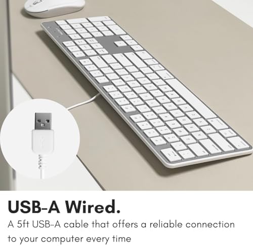 Enhance Your Workspace with the Macally Ultra-Slim USB Wired Keyboard – Full-Size Design & Number Keypad for Mac & Windows Devices, Elegant Silver Finish for Style and Durability