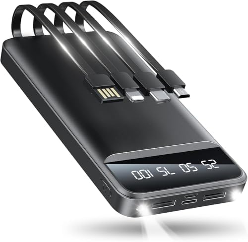High-Capacity 40000 m Ah Portable Power Bank with 4 Built-In Cables, 5 Outputs & 3 Inputs – Ultimate Travel Charger & Emergency Backup with Flashlight for i Phone, Android, and Tablets – Versatile All-in-One Charging Solution with Enhanced Safety Features