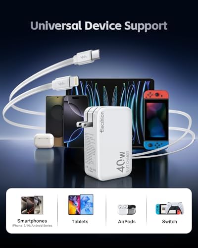 Revolutionary 4-Port USB C Retractable Wall Charger – 40 W Fast Charging Power Brick with Dual PD/QC Technology and 2.95 FT Lightning/Type-C Cable – Compact, Foldable Travel Adapter for i Phone 16/15, Samsung, LG, i Pad – Optimal Universal Compatibility for Seamless Home and Travel Charging Solutions