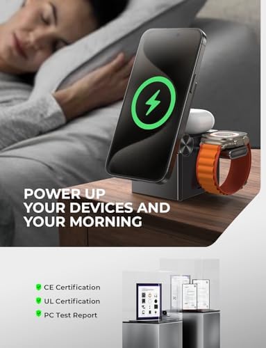 LISEN 3-in-1 Wireless Charging Station for Apple Devices – Mag Safe Compatible Charger Stand for i Phone 16, 15, 14, 13, Apple Watch & Air Pods – Portable, Foldable Design, Fast Charging & Safety Features – Sleek Black Finish for Home or Office Use