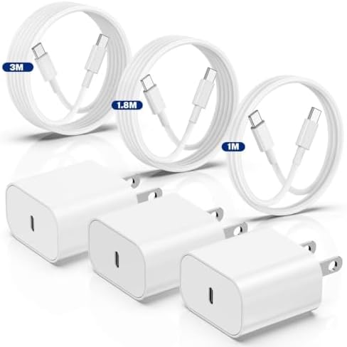 High-Speed Charging Essentials: i Phone 16/15 Charger 3-Pack with 20 W USB-C Power Adapters – Includes 3 Versatile Wall Cables (3, 6, & 10 FT) for i Phone 16/15 Series, i Pad Pro, Air Pods, and Samsung Devices – Unmatched Power Delivery and Durability for On-the-Go Convenience