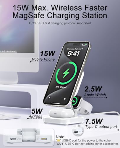 Ultimate 5-in-1 Magnetic Wireless Charging Hub for Apple Devices – Fast 15 W Charging Station with Adjustable Night Light for i Phone 16/15/14/13/12, Apple Watch, and Air Pods – Eco-Friendly, Travel-Ready Design with Advanced Safety Features and 360° Viewing Angles – Complete with Adapter and USB-C Cable