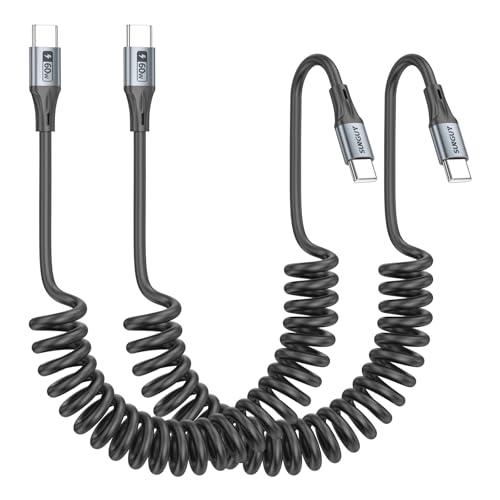 SUNGUY Coiled USB C to USB C Cable,2Pack 60W [1.5FT-5FT] USBC to USBC Android Auto & Carplay Cable for iPhone 16/15/ Pro/Pro Max, Samsung Galaxy S24/S3/S22, iPad Pro – Enhanced Compatibility and Speed