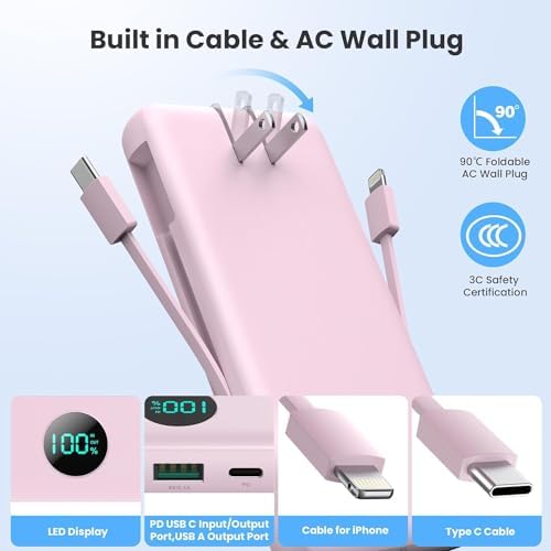 Ultimate USB C Power Bank with Dual Built-in Cables & AC Wall Plug – 13,800 m Ah Fast Charging Powerhouse for i Phone 16/15, Galaxy S23, Tablets – Compact LED Display, Universal Compatibility for On-the-Go Power Solutions