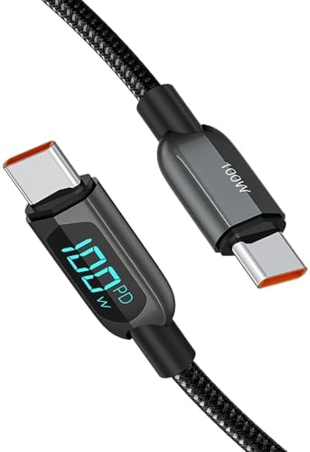 6.6 FT USB C to USB C Cable with LED Wattage Display – High-Speed 100 W PD Charging & Data Transfer, Durable Braided Design for i Pad, Mac Book, Galaxy S23/S22/S21, Pixel, Steam Deck, PS5 – Ultimate Connectivity Solution in Sleek Black