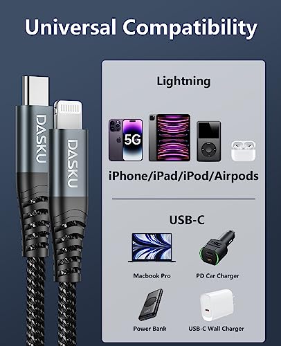 Premium 6 FT USB C to Lightning Charging Cable – 2 Pack for i Phone & i Pad – Fast Charging, MFi Certified, Braided Design for Enhanced Durability & Compatibility with i Phone 14/13/12/11/Pro/MAX/X/8/7 – Ultimate Power Solution for On-the-Go Users