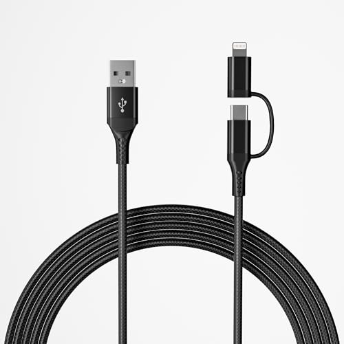 Revolutionary 2-in-1 Coiled USB to Lightning and USB-C Charger Cable for i Phone & Android – Fast Charging & Data Sync with Apple Carplay & Android Auto Support – Ideal for i Phone 16, 15, 14, 13, 12, 11 – Streamlined Design for Tangle-Free Convenience – Premium Quality White Cord for Modern Mobility