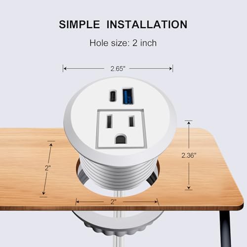 Transform Your Workspace with the 20 W USB-C Fast Charge Recessed Power Grommet – 2-Inch Flush Mount Desk Outlet Featuring 6.5 FT Extension Cord for Effortless Connectivity in Home, Office, School, or Hotel – Ultimate Space-Saving Power Solution with Enhanced Device Compatibility