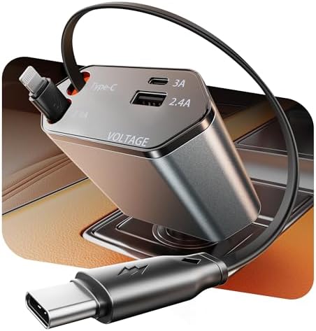 GUSGU 100 W Retractable Car Charger – Versatile 4-in-1 Fast Charging Solution with 2.6 ft Tangle-Free Cord, Lightning & USB-C Adapters – Universal Compatibility for All Devices in Sleek Silver Design – Stay Powered On-The-Go