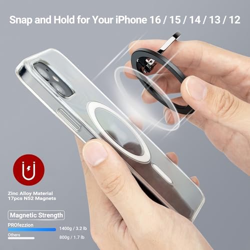 PROfezzion Ultra-Slim Magnetic Ring Holder for Mag Safe – Lightweight Zinc Alloy Phone Grip for i Phone 16/15/14/13/12 Pro Max Plus with Mag Safe Case – Effortless Attach and Detach, 360° Rotation & 130° Angle Flexibility – Ideal for On-the-Go Use and Mag Safe Car Mount Compatibility – No Residue, Strong 3.2 lb Grip