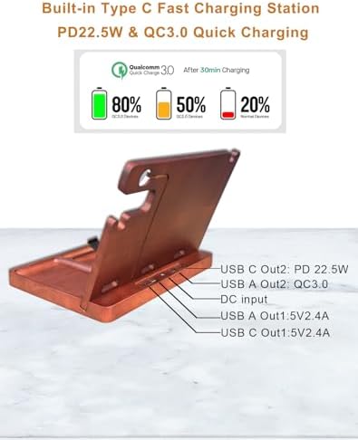 Multi-Device USB Charging Station with 4 Ports – Fast PD & QC3.0 Power Delivery, Stylish Wooden Organizer for Desk & Nightstand – Ideal Birthday Gift for Men, Dads, Husbands, and Moms – Elegant Solution for Cable Management and Rapid Charging