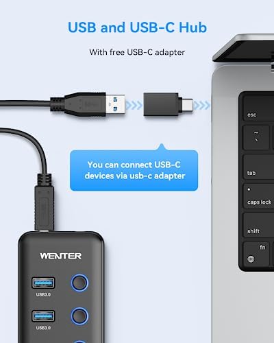 Maximize Your Connectivity with the Wenter 5-Port USB 3.0 Hub – Fast Data Transfer and Type-C Charging Hub for Mac & PC, Featuring Individual LED Switches for Power Management and Enhanced Performance