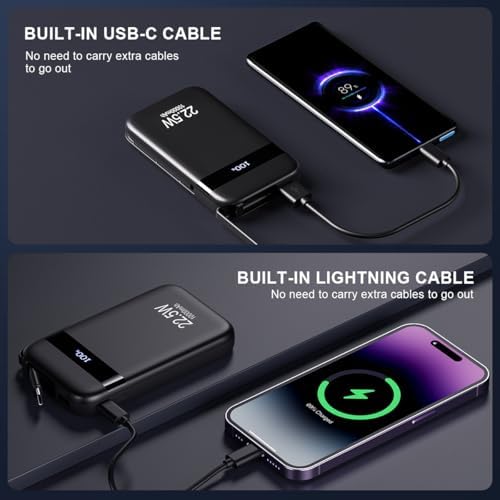 Ultra-Compact 10,000 m Ah Power Bank with Built-in Cables – Fast 22.5 W Charging, 4 Outputs, Dual Inputs, LED Power Indicator for i Phone, Samsung, Android & More – Perfect for On-the-Go Charging Solutions