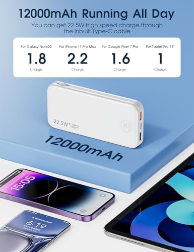 Ultra-Fast Charging Portable Power Bank with Built-In Cable and AC Plug – 12,000 m Ah USB C Travel Charger for i Phone and Android Devices – Lightweight, Compact Design for On-the-Go Power Solutions