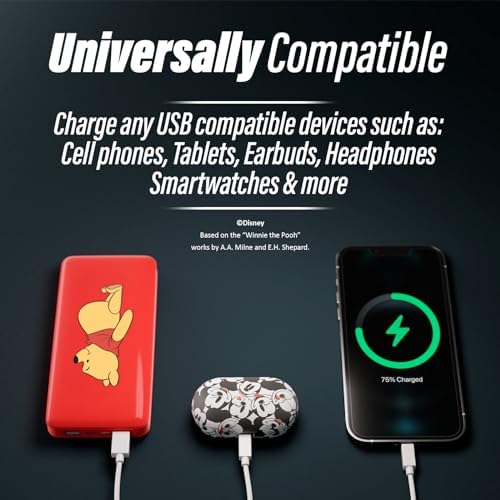 Disney Winnie The Pooh 10,000 m Ah Power Bank – Universally Compatible Portable Charger for i OS & Android – Enchanting Gift for Fans of All Ages – Lightweight, Fast Charging, and Adorned with Classic Pooh Graphics for Ultimate Convenience