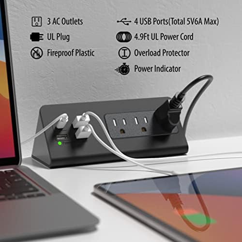 Edge Mount Power Strip with USB-C & AC Outlets – 3 AC Sockets and 4 Fast-Charging USB Ports for Home, Office, and Dorm – Desk Clamp Surge Protector, Compact Design for Enhanced Convenience and Safety – Black (2-Pack)