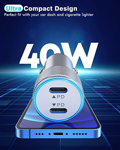 Effortless Power on the Go: 40 W Dual USB-C Fast Car Charger for i Phone with 2 Lightning Cables – Rapid Charging for i Phone 14/13/12/11 Pro Max and i Pads, Enhanced Compatibility, and Built-in Safety Features for Ultimate Device Protection