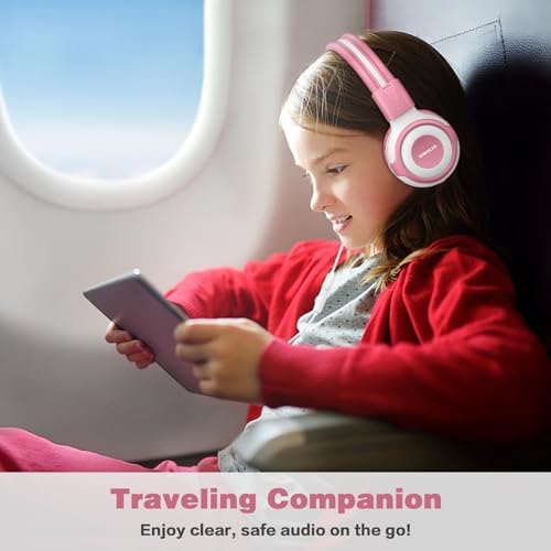 Chic Pink SIMOLIO Kids Headphones with Microphone – Volume-Limited Wired Design for Safe Listening – Adjustable Sound Levels (75/85/94 d B) for Hearing Protection – Perfect for School, Travel, and Home Use – Durable and Comfortable Fit for Active Young Listeners – Compatible with Smartphones & Tablets for Versatile Use