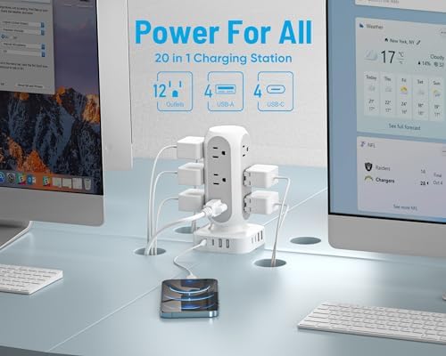 Revolutionize Your Charging Setup with the Flat Plug Power Strip Tower – 10 FT Extension Cord, 40 W Fast Charging Station Featuring 12 AC Outlets and 8 USB Ports (4 USB-C) for Ultimate Device Connectivity and Safety in Home, Office, or Dorm Room