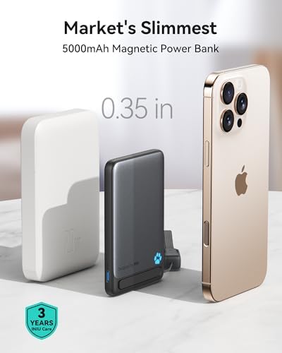 INIU Ultra-Slim 5000 m Ah Magnetic Power Bank – Qi2 Certified 20 W Wireless Charger for i Phone 16/15/14/13/12 – Portable Design with Built-in Stand & 3-Year Warranty – Fast Charging for On-the-Go Lifestyle and Seamless Connectivity