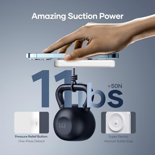 Ultra-Slim Wireless Power Bank with Suction Cup for i Phone & Android – 5000 m Ah Portable Charger with 22.5 W USB-C PD Fast Charging – Effortless On-the-Go Charging in Sleek White Finish – Perfect for Busy Lifestyles and Travel