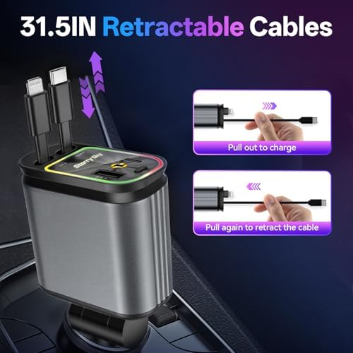 Universal Retractable Car Charger – 4-in-1 Fast Charging Solution for i Phone, Galaxy, Pixel – USB-C & USB-A Compatibility for Ultimate Convenience on the Go