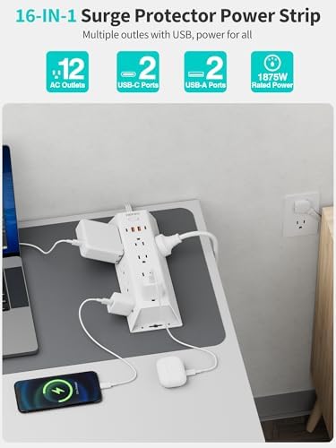 15 FT Surge Protector Power Strip with 12 AC Outlets & 4 USB Ports (2 USB-C) – Versatile Flat Plug Extension Cord for Home & Office, Wall Mountable Charging Station for Efficient Device Management and Enhanced Safety