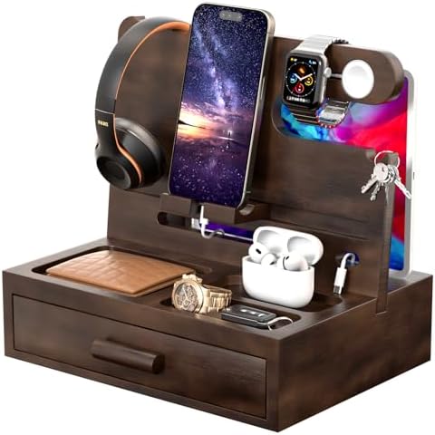 melafa365 Nightstand Organizer for Men,Phone Docking Station with Cable Management,Night Stand with Drawer,Bedside Organizer for Watches,Keys,Wallets,Gifts for Men(Wood) – Enhanced Compatibility and Speed